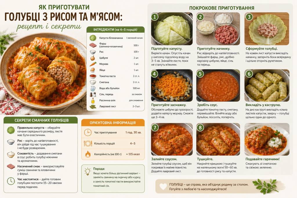 Інфографіка з покроковим рецептом голубців з рисом та м'ясом — інгредієнти, етапи приготування, секрети та калорійність