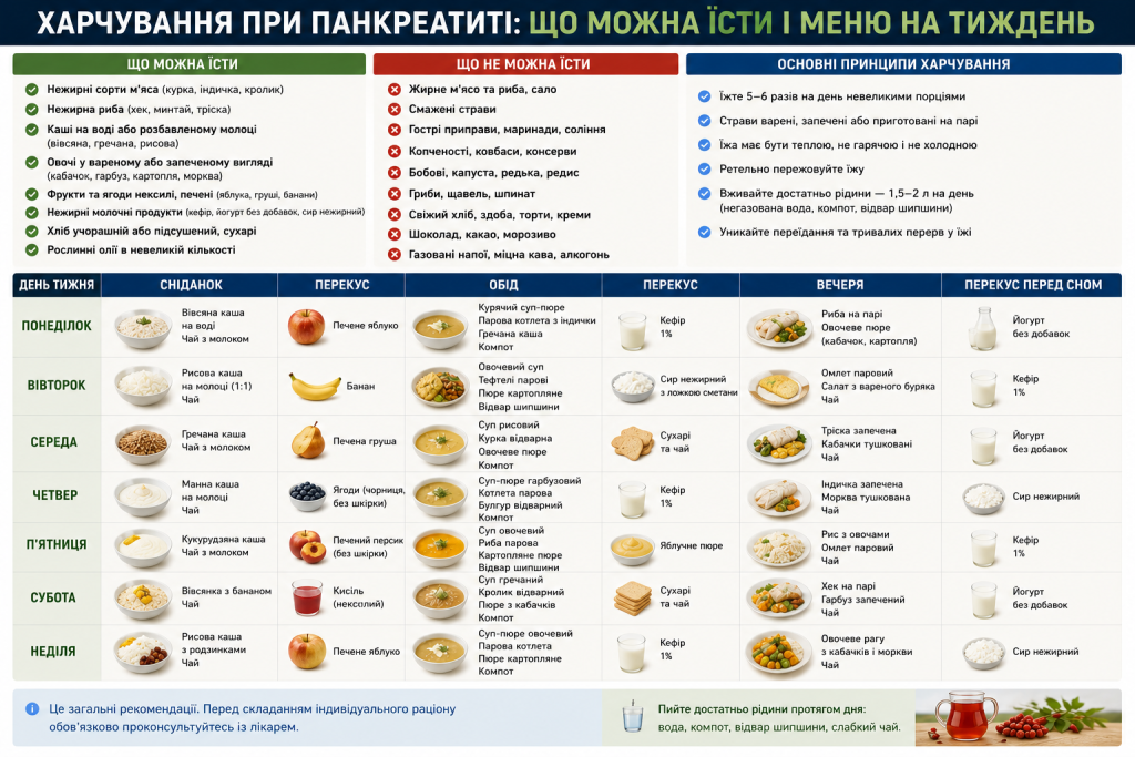 Інфографіка з дозволеними продуктами та детальним меню харчування при панкреатиті на тиждень
