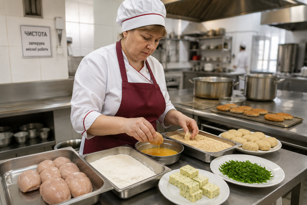 Кухар у формі панірує курячі котлети по-київськи на кухні