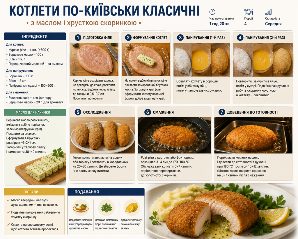 Покрокова інфографіка приготування котлет по-київськи з вершковим маслом