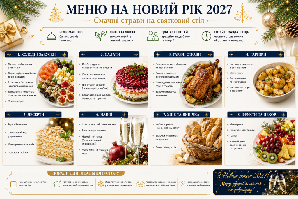 Інфографіка з ідеями меню на Новий рік 2027 для святкового столу з закусками, салатами, гарячими стравами та десертами.