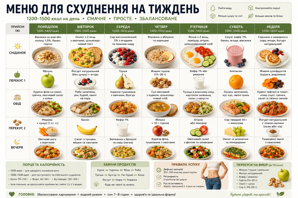 Таблиця з тижневим меню для схуднення на 1200–1500 ккал — сніданки, обіди, вечері та перекуси на кожен день із фото страв