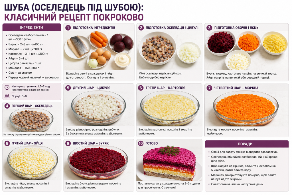 Інфографіка з покроковим рецептом салату оселедець під шубою та послідовністю шарів.