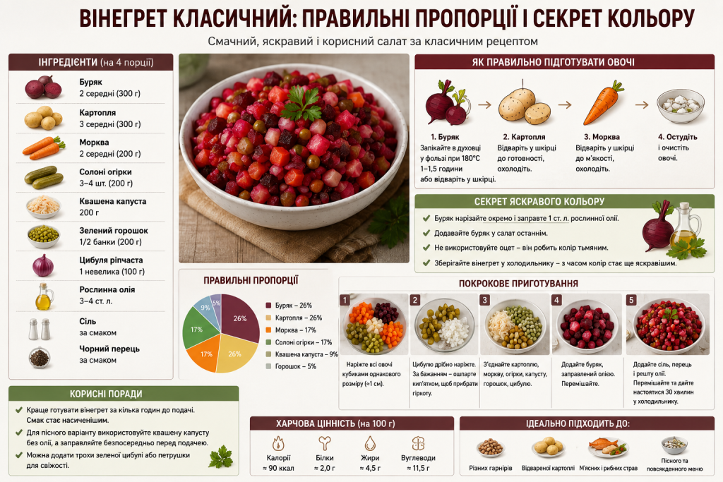 Інфографіка з рецептом класичного вінегрету, пропорціями інгредієнтів та порадами