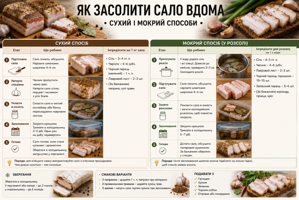 Інфографіка з покроковими інструкціями засолювання сала сухим і мокрим способом