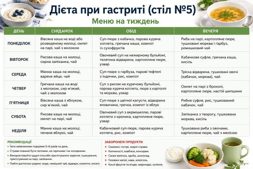Таблиця меню на тиждень при гастриті з варіантами сніданків, обідів і вечерь та рекомендаціями щодо харчування.