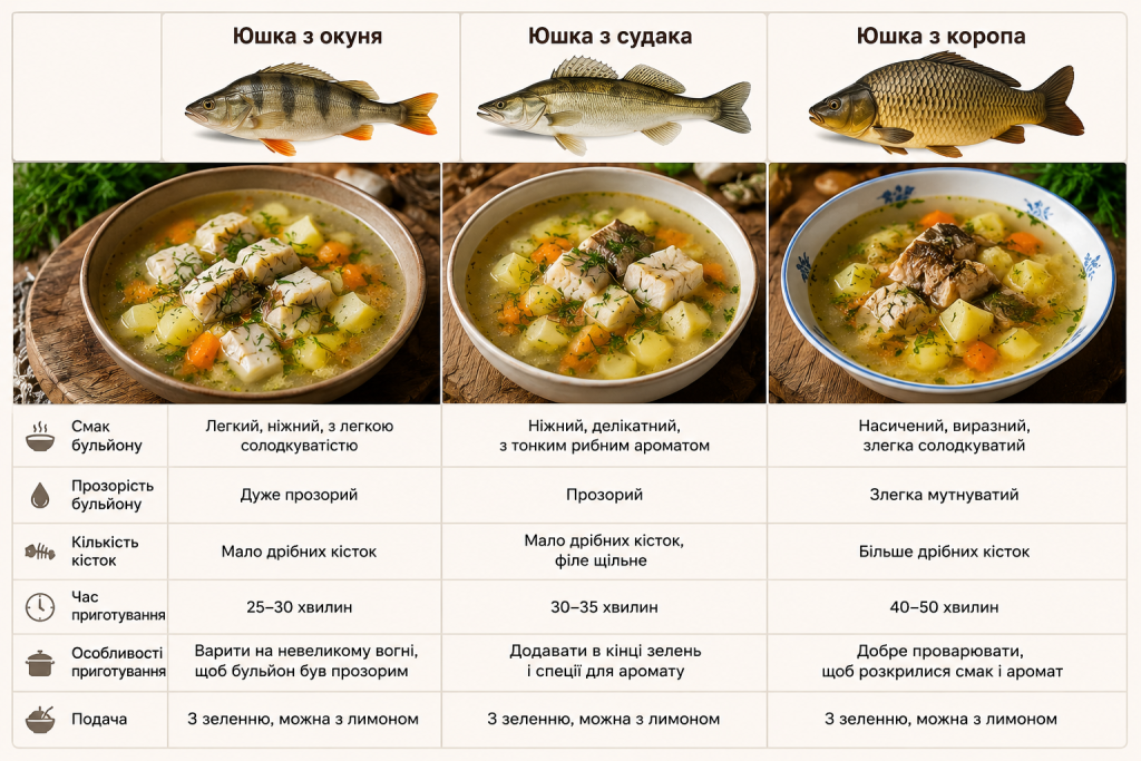 Порівняльна таблиця юшки з окуня, судака й коропа з описом смаку, прозорості бульйону, часу та особливостей приготування.